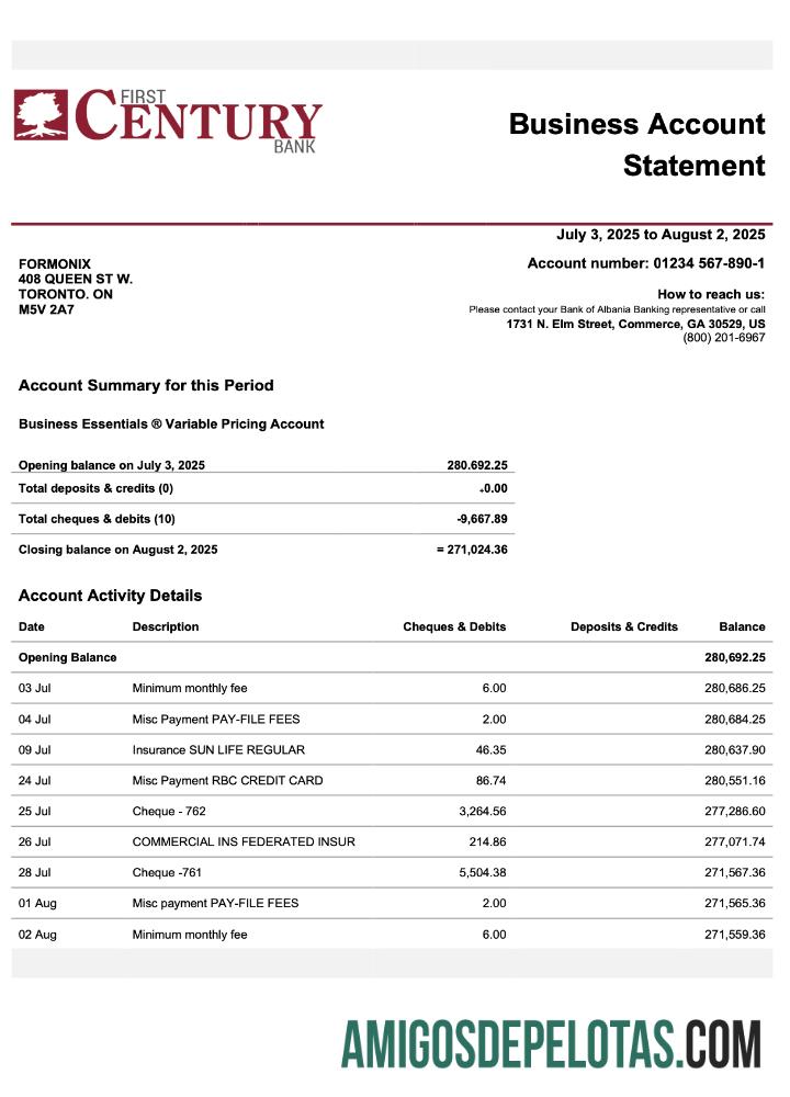 Realista USA Georgian Gainesville First Century Firm modelo de extrato de conta Word e PDF